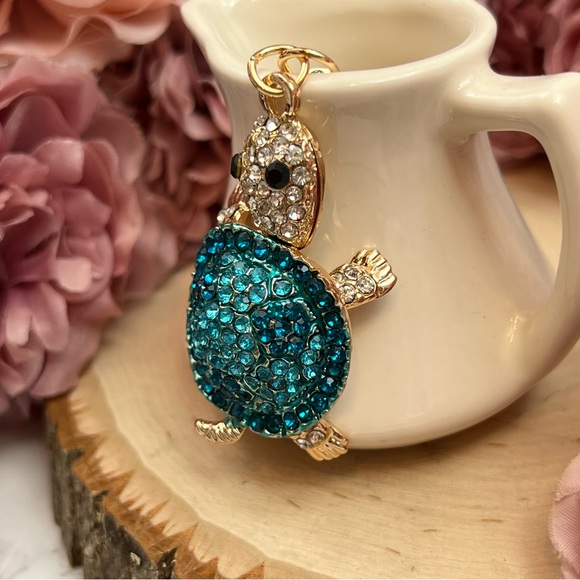 Blue and Silver Crystal Turtle Keychain Charm - Picture 4 of 16